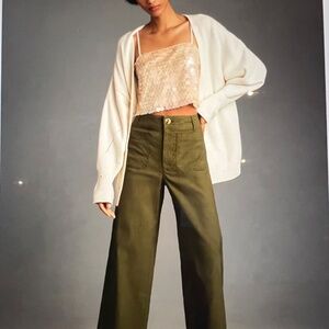Maeve Colette Cropped Wide Leg Pants in Olive Green